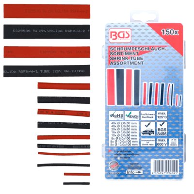 BGS TECHNIC Shrink Tube Assortment, Red/Black, 150 Pieces