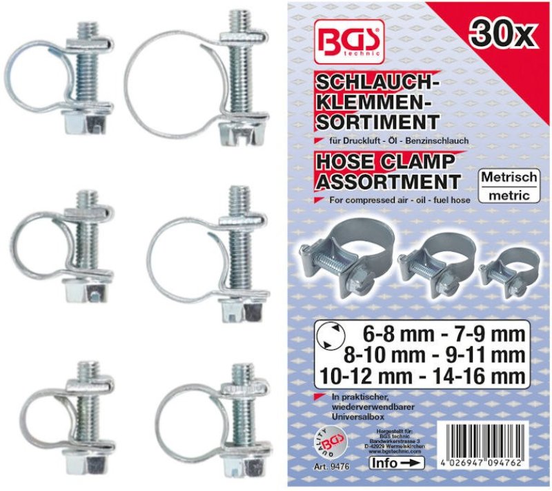 BGS TECHNIC Assortiment Spanklemmen, Ø6-16mm, 30-delig