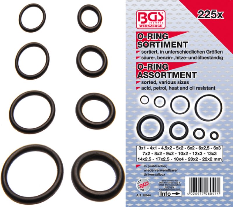 BGS TECHNIC Assortiment O-ringen, Ø3-22mm, 225-delig