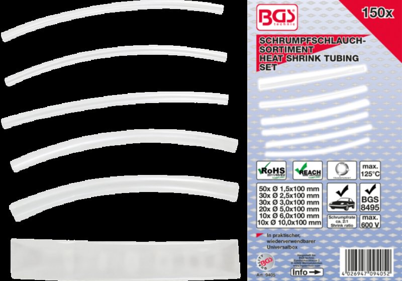 BGS TECHNIC Assortiment Krimpkousen Transparant, 150-delig