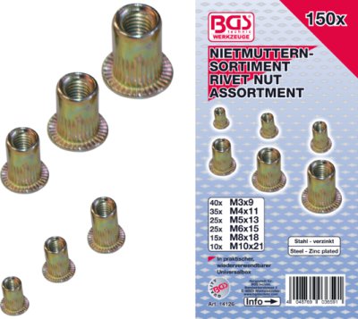 BGS TECHNIC Assortment of Blind Rivet Nuts, Galvanized Steel, 150 Pieces